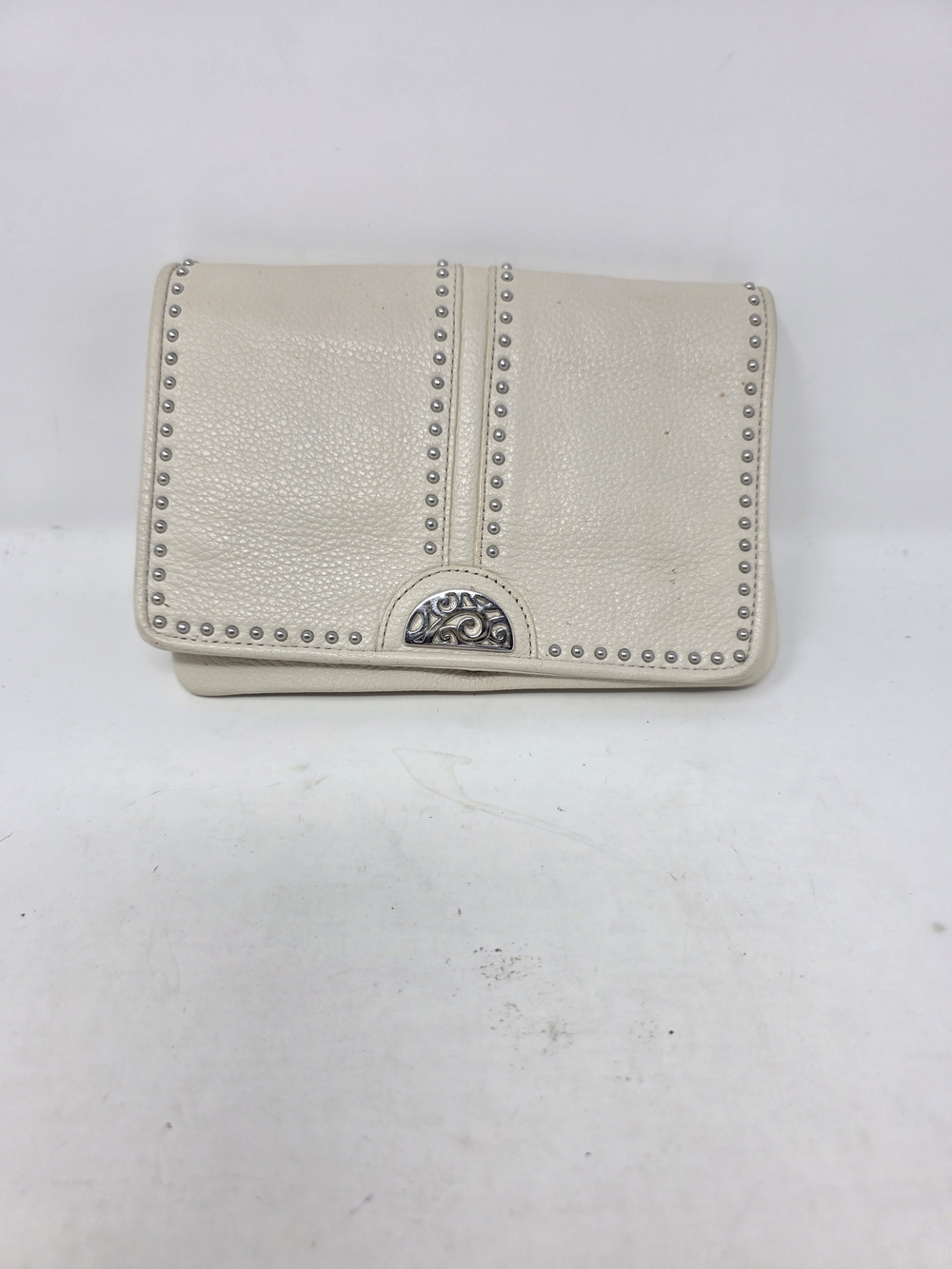 Brighton Pretty Tough Cream Leather Studded Organizer Crossbody Wallet Clutch